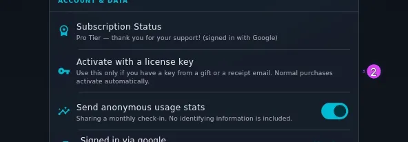 ACCOUNT & DATA, the Activate with a license key row with its signed-in subtitle