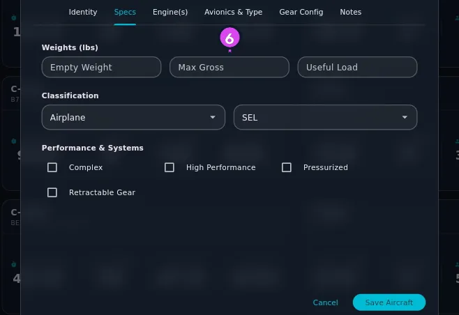 Specs tab, auto-populated from the type, all three sections visible