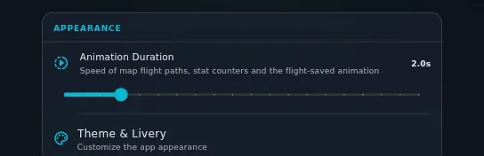 The Animation Duration row alone — it sets the speed of map flight paths, stat counters and the flight-saved animation — slider mid-track, the s readout visible