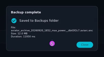 Backup complete, tick, Saved to <name>, File / Size / Duration