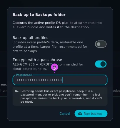 Same dialog, Encrypt with a passphrase on, Passphrase filled, the encrypted notice
