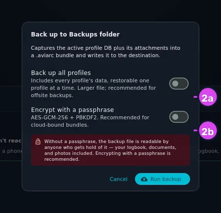 Back up to <name>, both switches off, the plaintext notice below, Run backup enabled