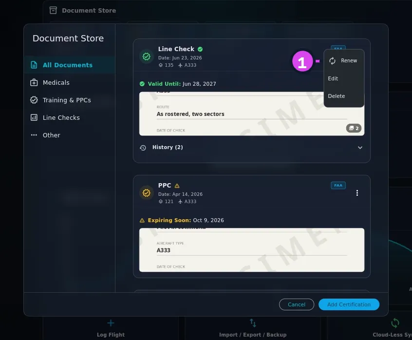 A document card with ⋮ open — Renew, Edit, Delete