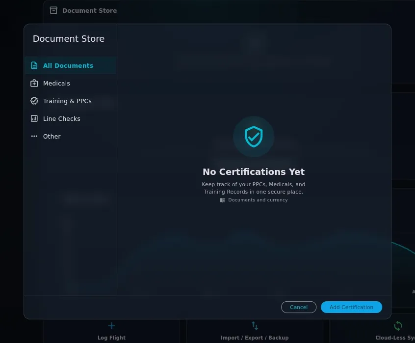 Same modal with no records — No Certifications Yet and its subtitle, with a Documents and currency guide link beneath