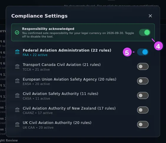 Compliance Settings, green Responsibility acknowledged banner with its date line, authority list collapsed, one authority switched on