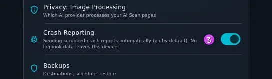 Profile Settings, the Crash Reporting row alone, switch on and the subtitle stating its condition — distinct from crash-reporting-screen