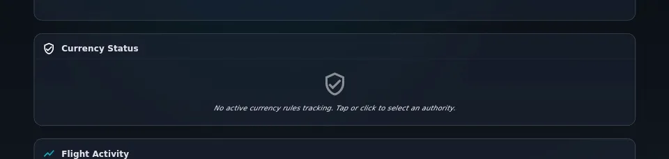 Currency Status acknowledged but with no authority on — No active currency rules tracking. Tap or click to select an authority.
