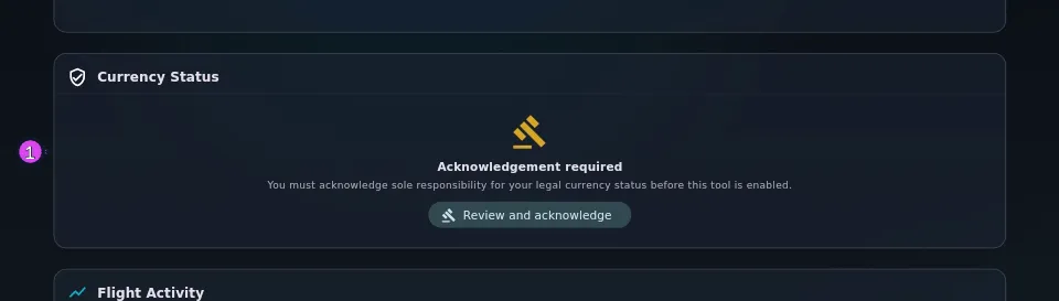 Currency Status card in the gate state, where nothing is evaluated until you acknowledge — gavel glyph, Acknowledgement required, Review and acknowledge