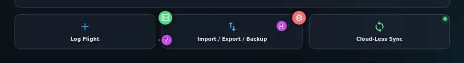 The three quick-action cards in one row, both badges live on Import / Export / Backup, green dot on Cloud-Less Sync