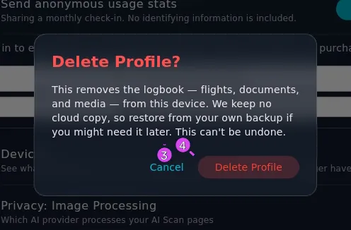 The Delete Profile? confirmation, full text readable
