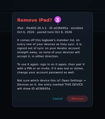Remove <name>? for a member that's also on the account, while signed in: the details line, both effect sentences (It comes off this logbook's member list… / It is signed out of sync on your Aviator account straight away…), To use it again…, and Not sure which device this is?…, full text readable