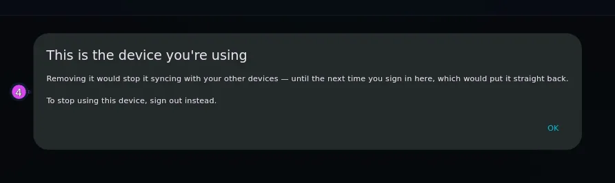 This is the device you're using dialog, full text — Removing it would stop it syncing with your other devices…