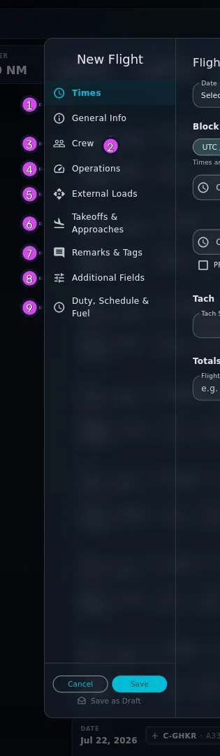 Same dialog cropped to the sidebar, all nine items + Cancel / Save