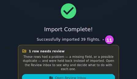 Import Complete! with the archived-rows line present