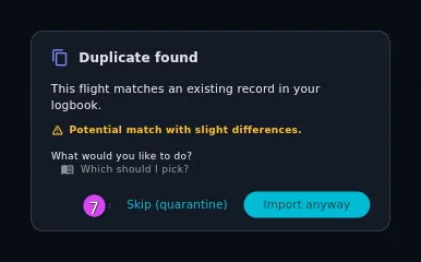 The Duplicate found dialog, potential-match line present, Which should I pick? beneath the question