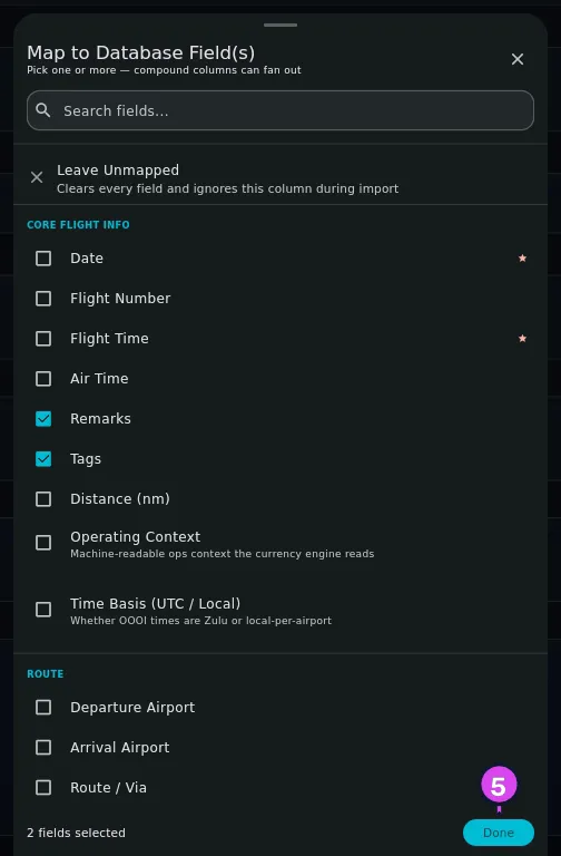 Same sheet, two fields ticked, footer reading 2 fields selected