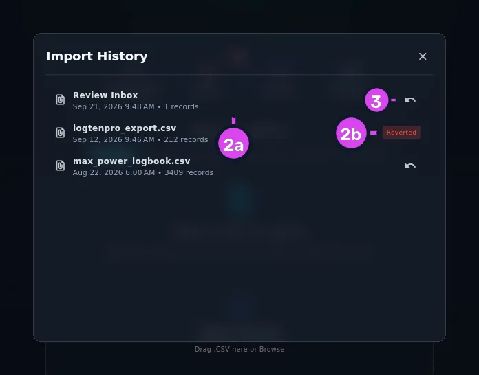 Import History, three rows: one normal, one Reverted, one Review Inbox · 1 records