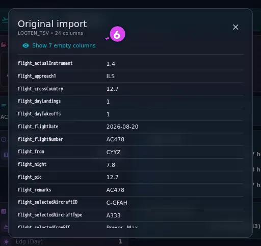 Original import, subtitle showing format and column count, the Show N empty columns toggle visible