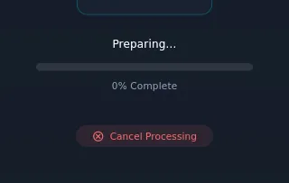 The importing screen, progress bar mid-run, Cancel Processing visible