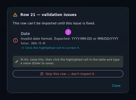A Review-step row with the date cell flagged, error dialog open on Invalid date format…