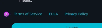 The Before you start screen cropped to the document link row: Terms of Service, EULA and Privacy Policy