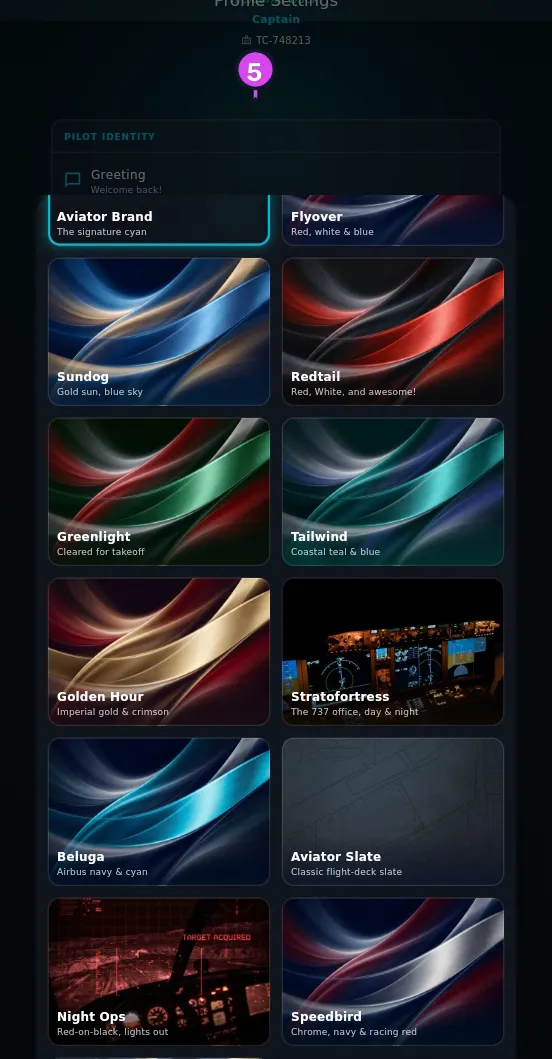 The Dark Theme grid, all thirteen cards, Aviator Brand ringed as selected