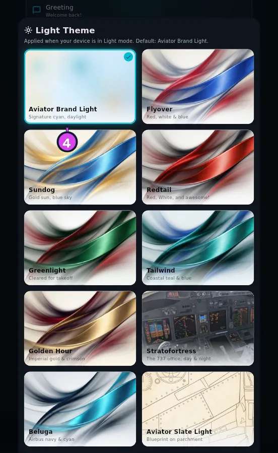 The Light Theme grid, all ten cards, Aviator Brand Light selected