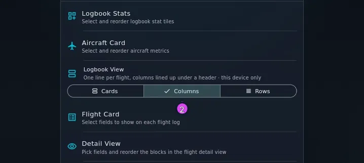 Profile Settings, LAYOUTS, the Logbook View tile: Cards / Columns / Rows with Columns selected, subtitle One line per flight, columns lined up under a header · this device only