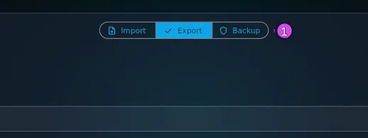 Import / Export / Backup modal header, Export segment selected