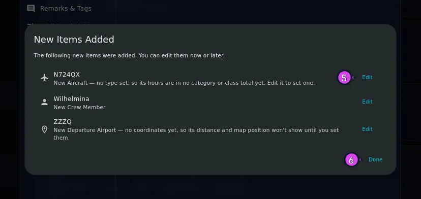 The New Items Added dialog with one row of each kind it can announce — an aircraft, a crew member, and a created airport carrying the no coordinates yet line — every Edit button in frame