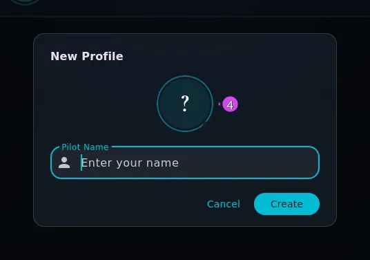 New Profile dialog, empty, avatar circle showing ?