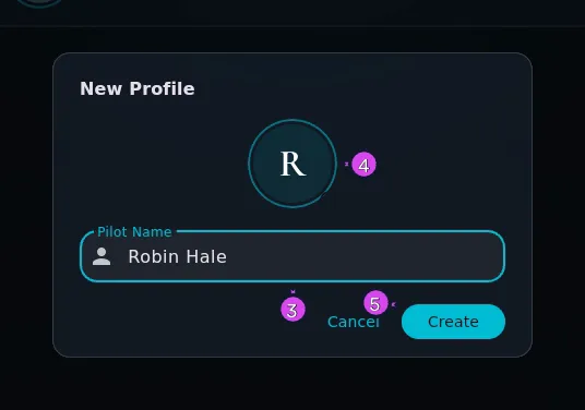 The New Profile dialog, Pilot Name filled, Create enabled