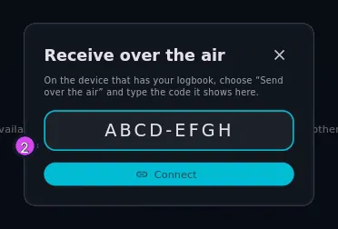 Receive over the air, entry stage, field showing a typed code, Connect