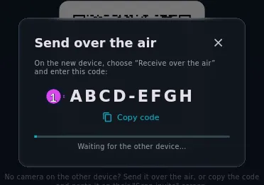 Send over the air, waiting stage: ABCD-EFGH, Copy code, Waiting for the other device…