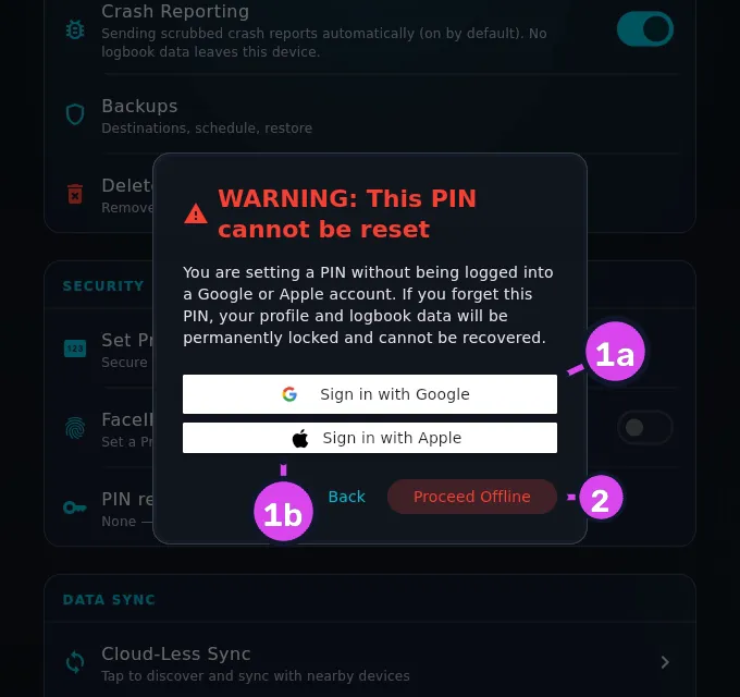 The WARNING: This PIN cannot be reset pane, all four buttons visible