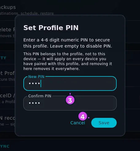 Set Profile PIN dialog, both fields filled, no error