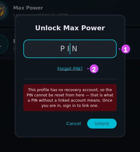 Unlock <name> dialog, empty field, Forgot PIN? visible