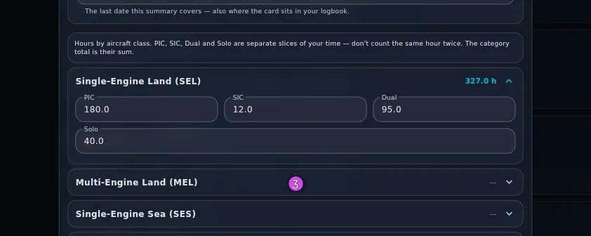Categories tab, SEL expanded with PIC / SIC / Dual / Solo, the intro line legible