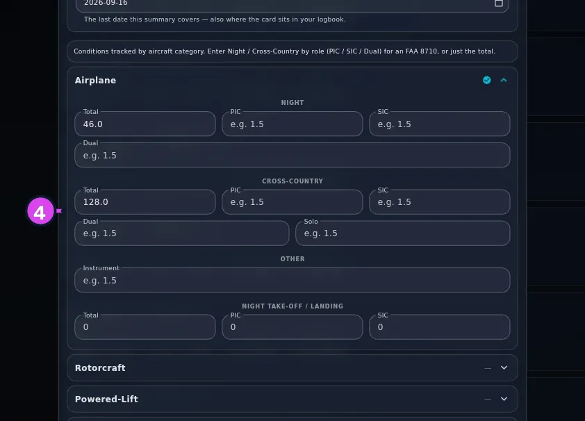 Conditions tab, Airplane expanded showing the NIGHT and CROSS-COUNTRY sections
