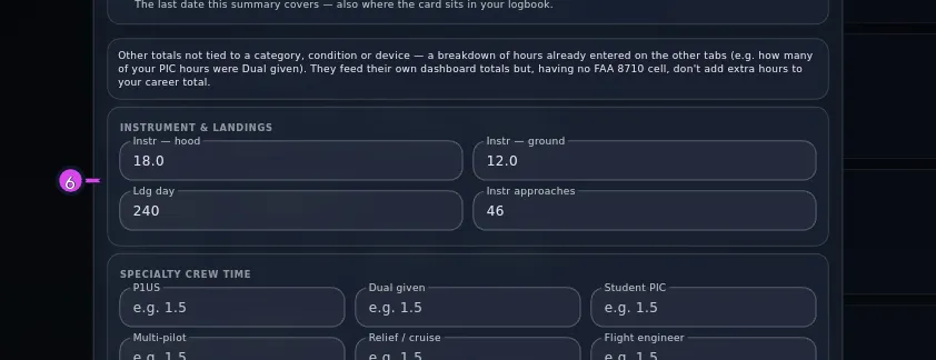 More tab, INSTRUMENT & LANDINGS section visible