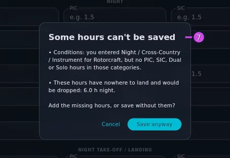 The Some hours can't be saved dialog, full text readable
