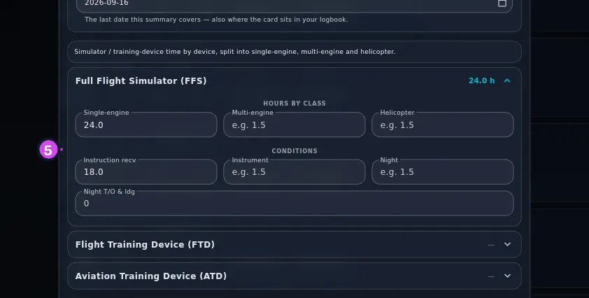 Simulators tab, FFS expanded showing HOURS BY CLASS and CONDITIONS