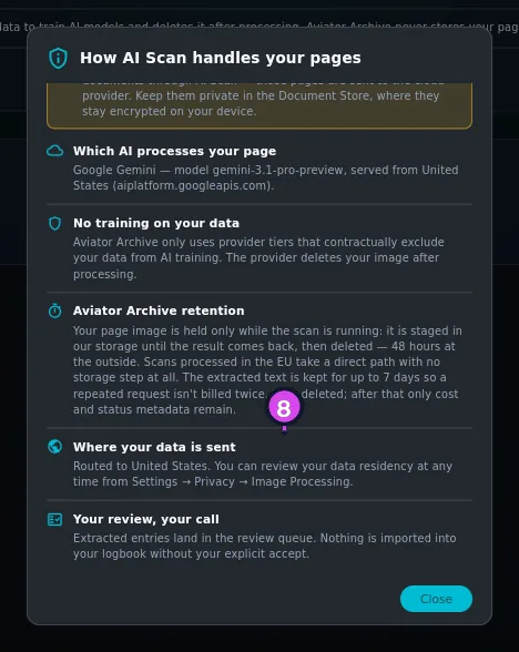 The disclosure in review mode, scrolled so Where your data is sent and the Close button are both visible