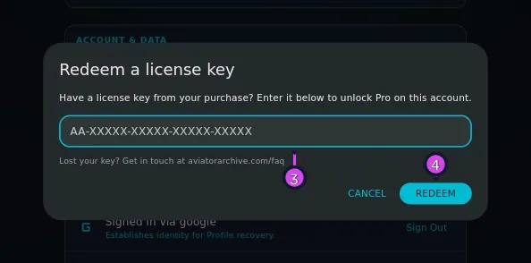 Redeem a license key dialog, empty field showing the XXXX-XXXX-XXXX-XXXX hint, CANCEL / REDEEM