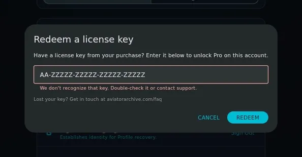 Same dialog with "We don't recognize that key…" under the field