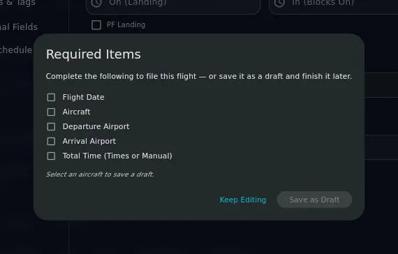 Same dialog with no aircraft, the italic Select an aircraft to save a draft. line visible, button disabled