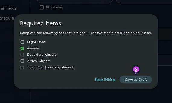 Required Items, aircraft ticked, Save as Draft enabled
