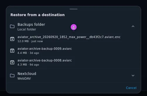 The Restore from a destination sheet, one destination expanded, three bundles listed with sizes and ages