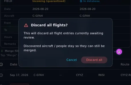 The Discard all flights? confirmation, full text readable