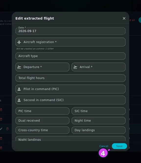Edit extracted flight, Date and Aircraft registration filled